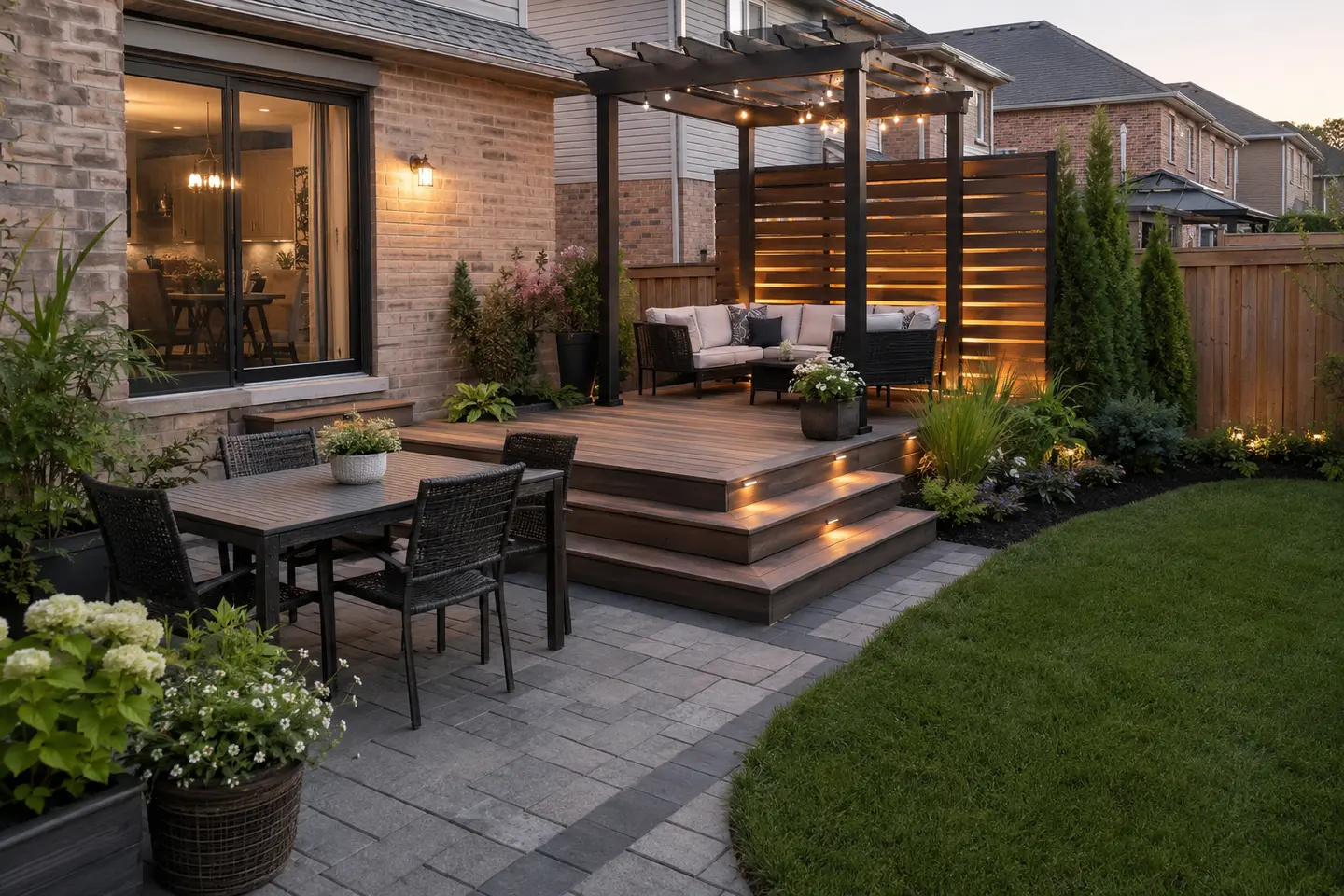 Landscaped backyard with patio and planting