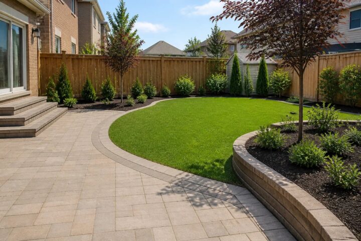 Connected backyard landscape renovation with patio, walkway, lawn, and garden beds