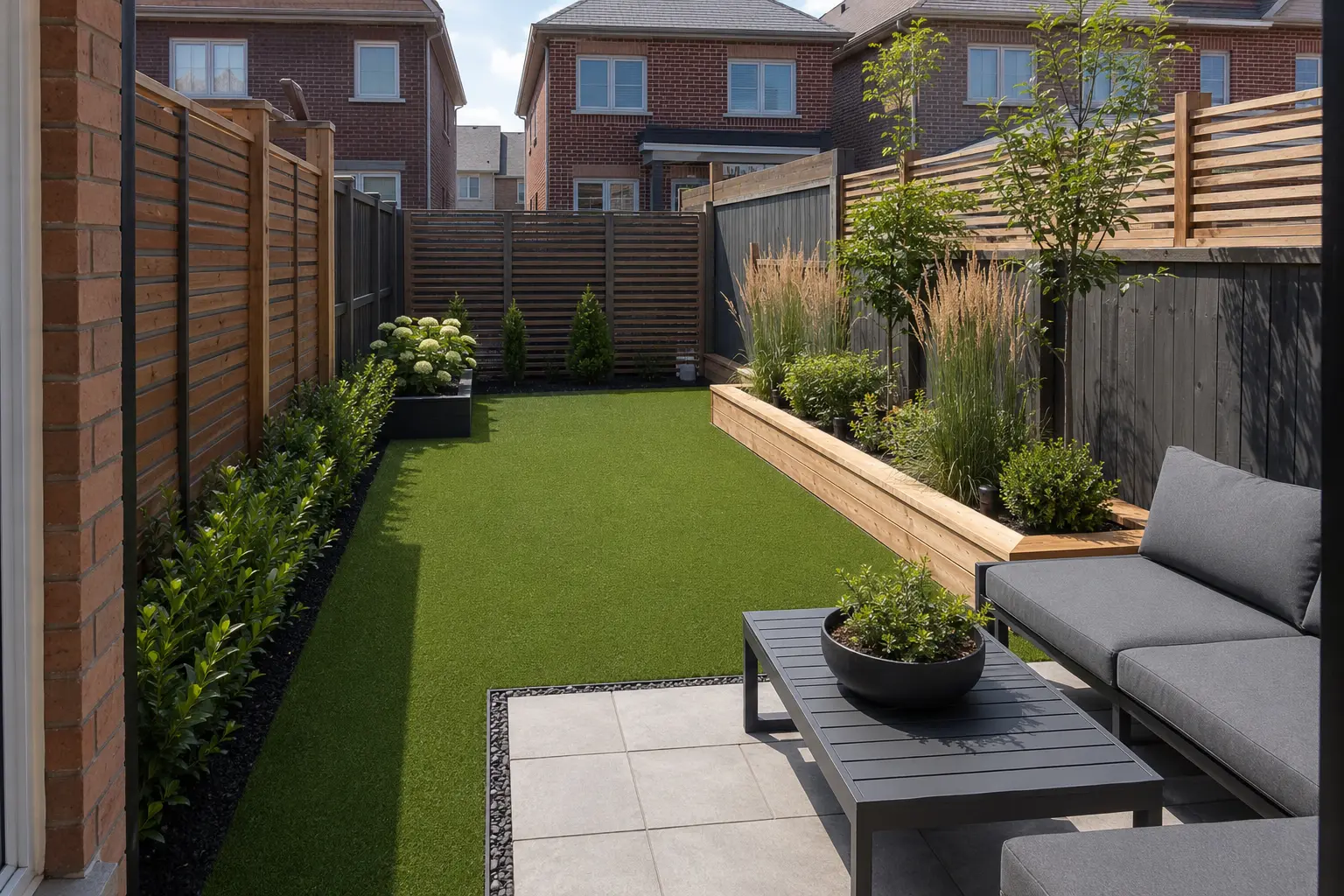 Artificial Turf and Privacy Backyard landscaping project in Brampton
