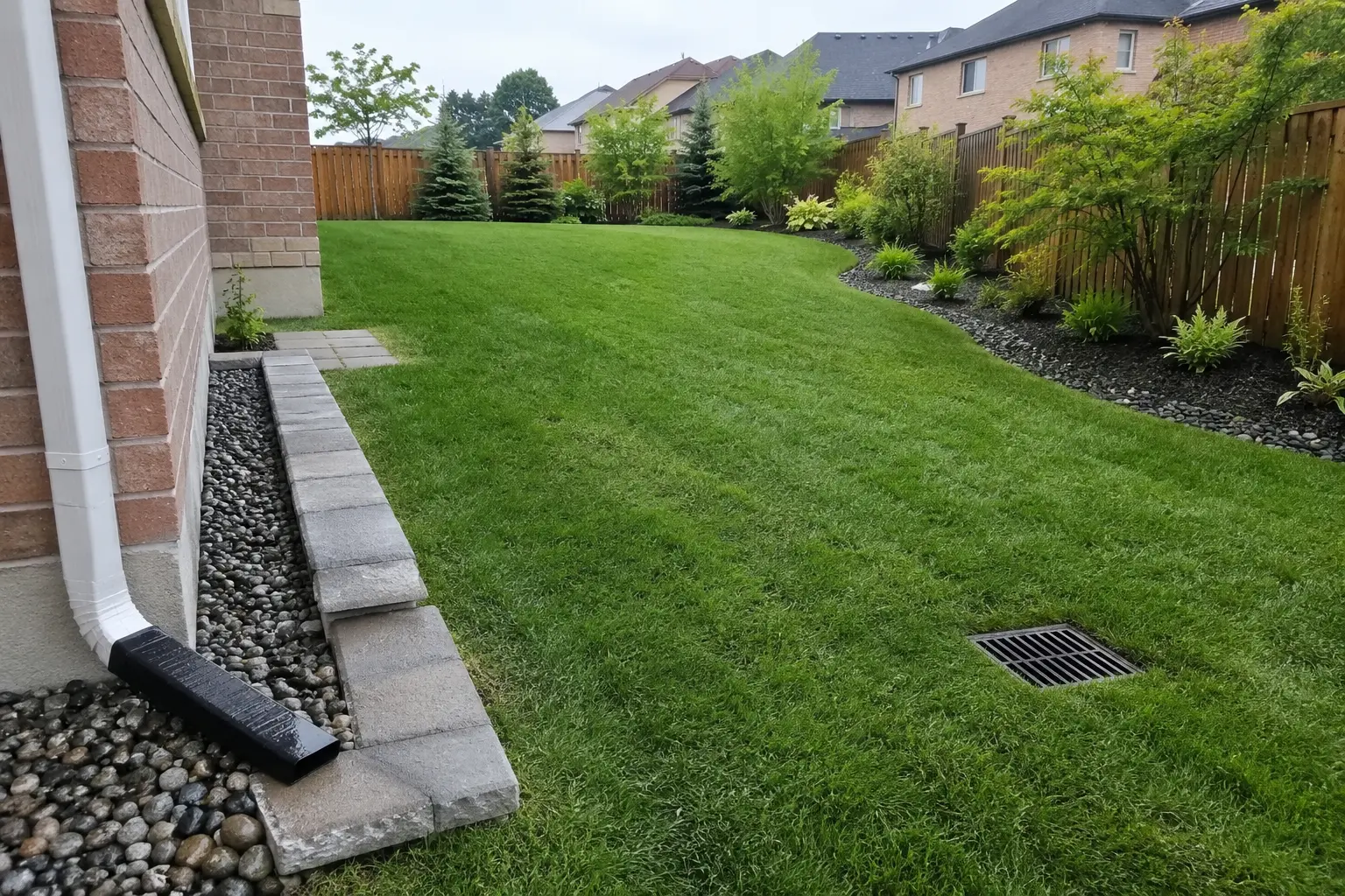 Backyard Grading, Drainage and New Sod landscaping project in Brampton