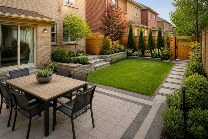 Organized backyard with a paver dining patio, open lawn, layered garden beds, and privacy screening.