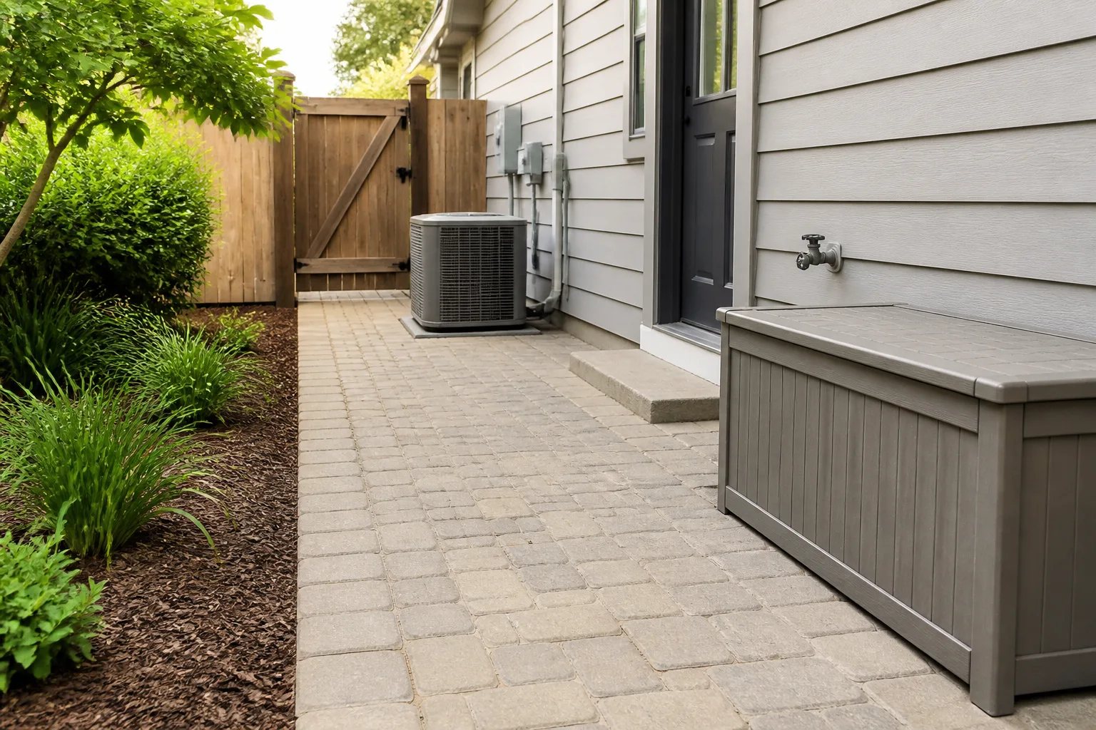Clear backyard route leading from a rear door to a side gate with accessible utilities and storage.