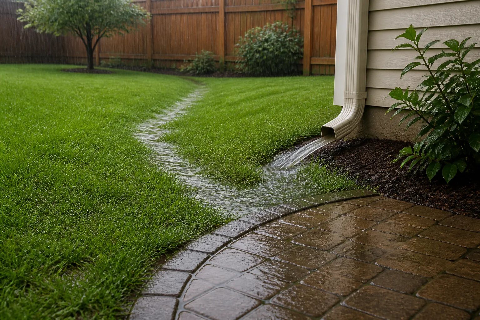 Backyard lawn and patio graded to guide rainwater away from the house through a shallow swale.