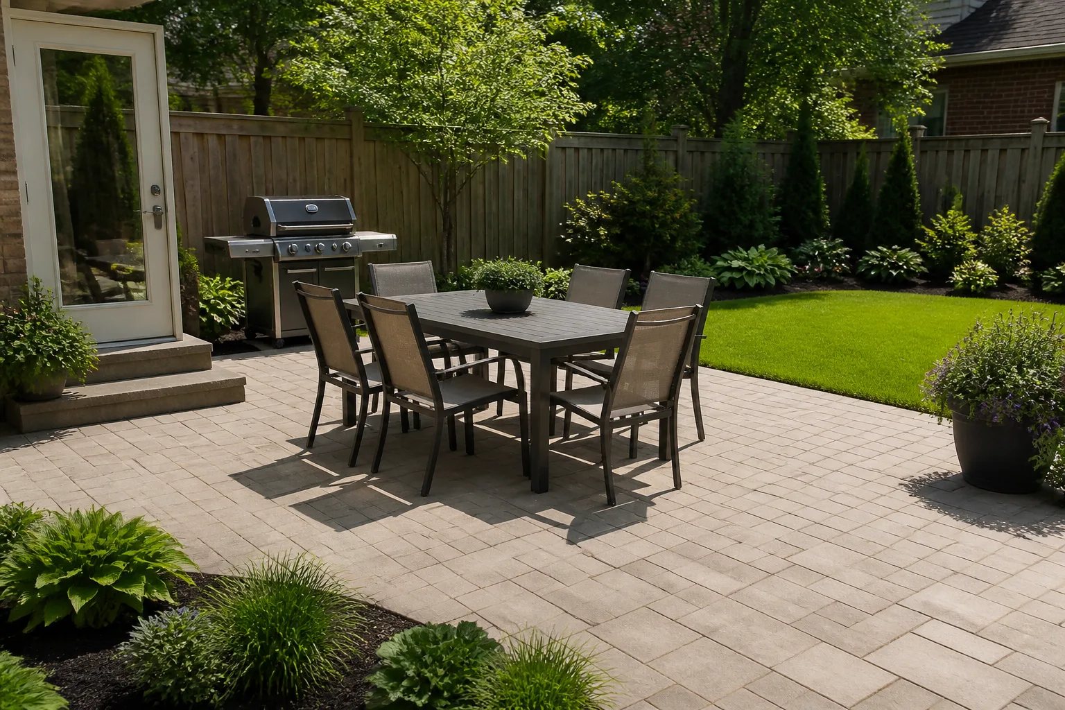 Backyard patio with dining furniture, barbecue clearance, and an open route to the lawn.